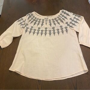 100% Cotton Boho Western Embroidered 3/4 Sleeve Cream Top